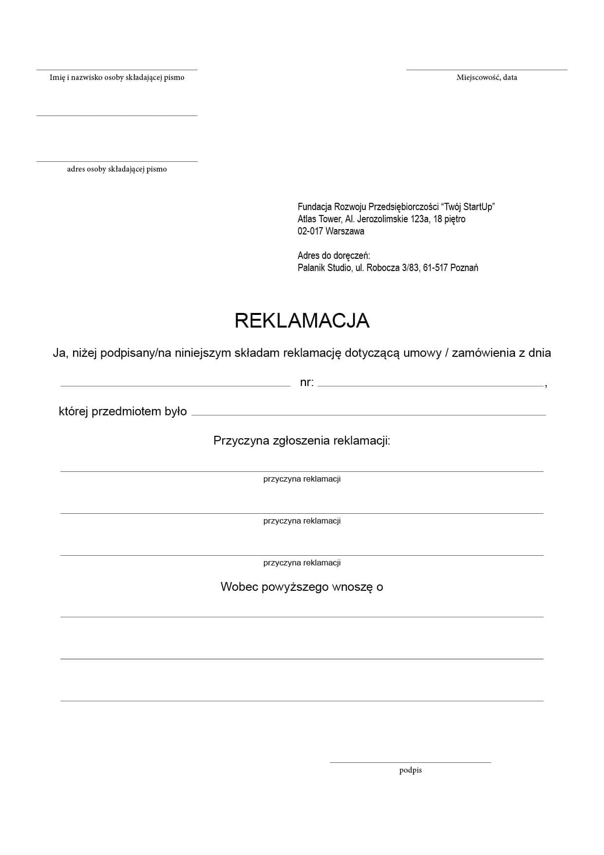 Wzór dokumentu reklamacji